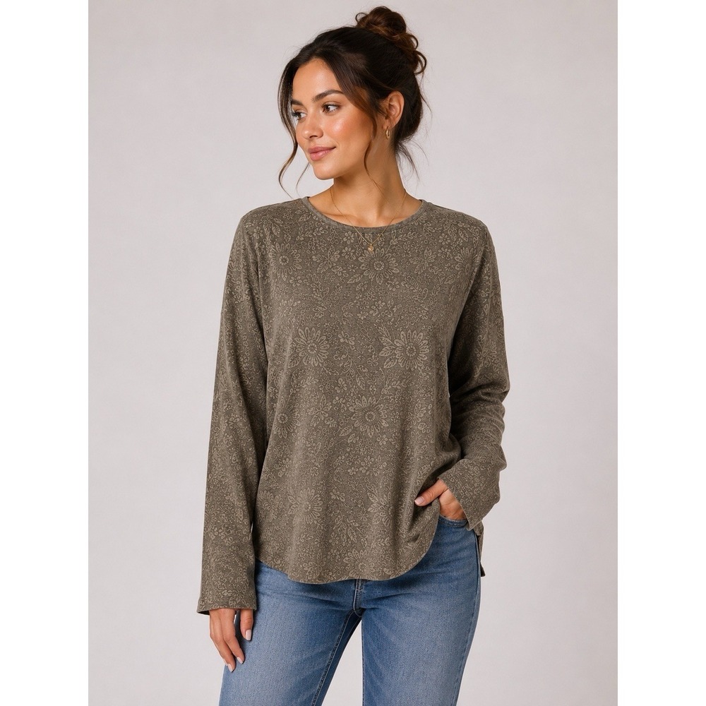 Rafaela Top Small Brown Silk Floral Embossed Long Sleeve Vintage Chic